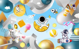 卡通太空宇航员星星儿童房背景墙