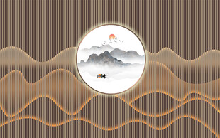 新中式格栅山水画幕墙背景墙壁纸