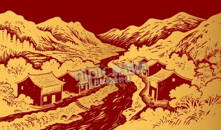 中式山水金红意境插画