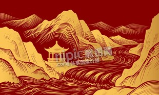 线描古风山水画河流背景