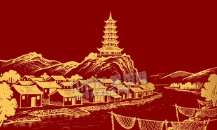 中国风村庄宝塔雷峰塔背景