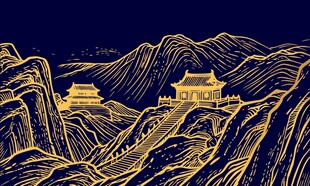 古建筑山川山水画