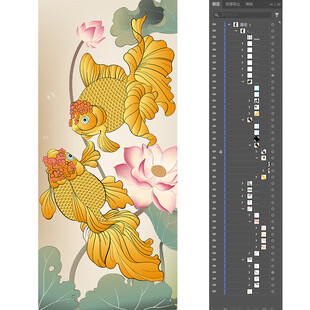 金鱼荷花图