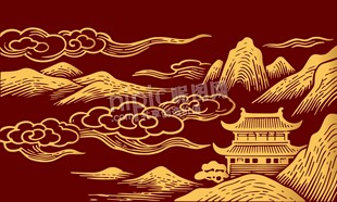 中式金红山水楼阁图