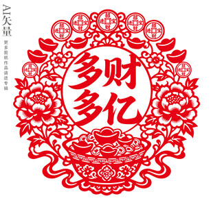 多财多亿剪纸窗花新年静电贴装饰