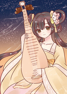 古风少女抱琵琶赏夜景