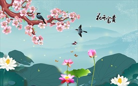 手绘桃花荷花装饰画