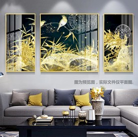 新中式晶钻金色花鸟3联装饰画