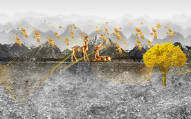 麋鹿背景新山水画 TIF分层