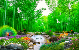 竹林小溪孔雀风景背景墙
