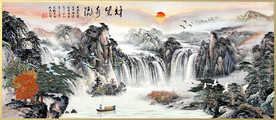 原创水墨山水流水生财装饰画
