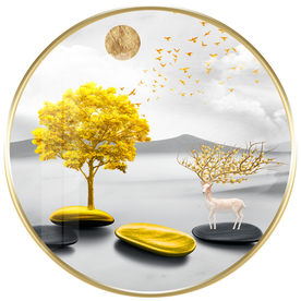 山水麋鹿发财树装饰画