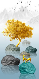 现代轻奢鹿山水玄关装饰画