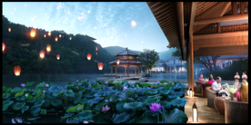 廊亭滨水夜景效果图