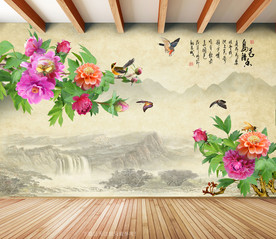原创牡丹花鸟背景墙装饰画