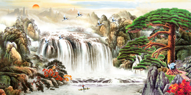 国画山水画流水生财背景装饰画