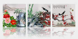原创梅花喜鹊牡丹竹子装饰画