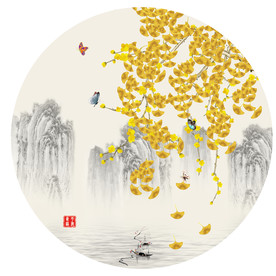 新中式银杏水墨山水圆形装饰画