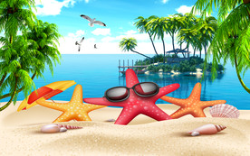 卡通海滩儿童房背景墙