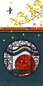 古宫墙小院银杏花鸟装饰画