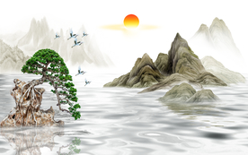 中式水墨山水迎客松背景装饰画