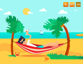 假日躺睡沙滩吊床矢量插图