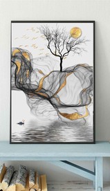 新中式抽象麋鹿山水玄关装饰画