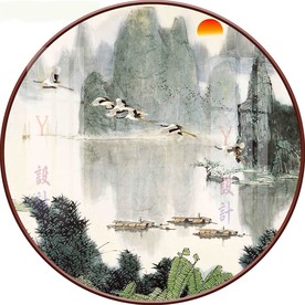 新中式意境山水圆形装饰画图片