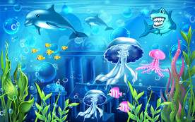 卡通海底世界儿童房背景墙