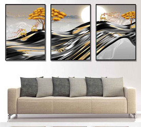 新中式烁金麋鹿山水装饰无框画