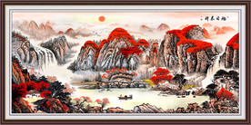 旭日东升国画满山红风景山水画
