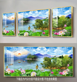 原创荷花三连山水风景装饰画