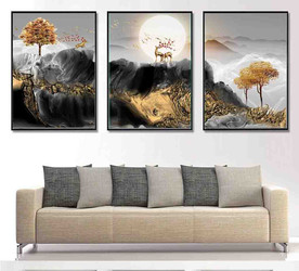 新中式抽象金色麋鹿山水装饰画