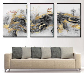 新中式烁金抽象麋鹿山水装饰画