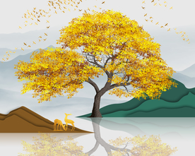 抽象金色山水发财树电表箱晶瓷画