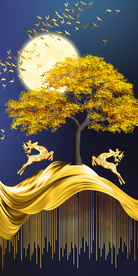 新中式麋鹿发财树玄关晶瓷画