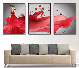 北欧红衣长裙美女装饰无框画