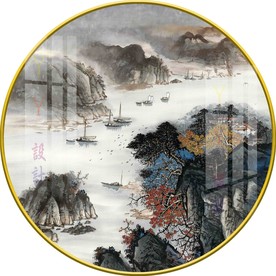 新中式圆形意境山水国画装饰画