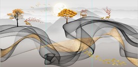 新中式抽象飘带山水麋鹿装饰画