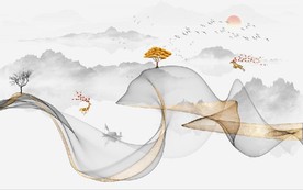 新中式抽象金色水墨山水背景墙