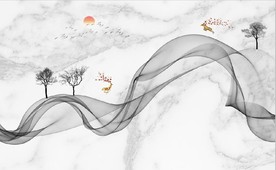 新中式抽象水墨麋鹿山水背景墙