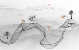 新中式抽象水墨麋鹿山水背景墙