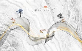 新中式抽象水墨麋鹿山水背景墙