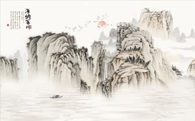 新中式水墨古代山水国画背景墙