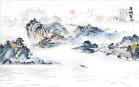 新中式水墨古代山水国画背景墙