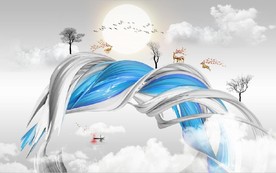 新中式抽象飘带山水风景背景墙