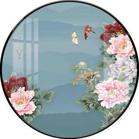 新中式手绘牡丹花鸟圆形装饰画图