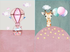 水彩长颈鹿小熊儿童房装饰无框画