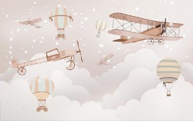 水彩卡通飞机热气球儿童房背景墙