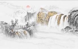 新中式大理石金色水墨山水背景墙